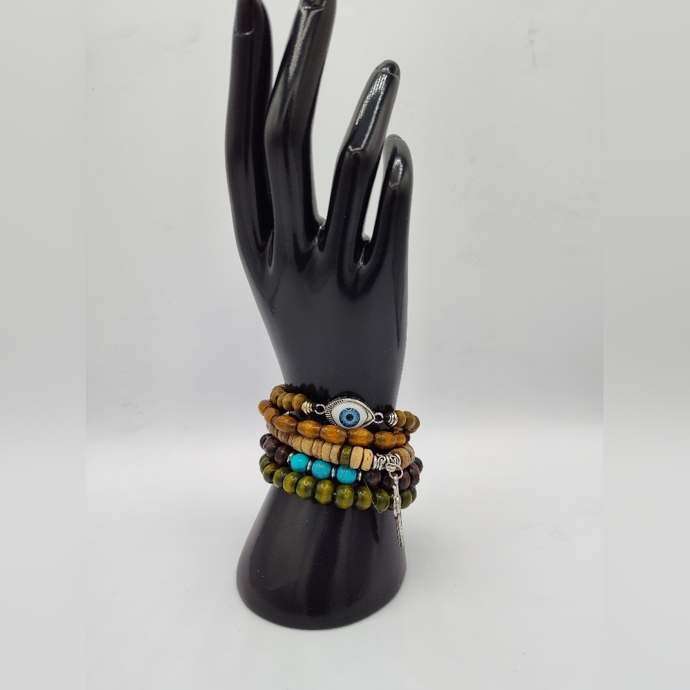 Hamsa Beaded 5-piece Bracelet Set with  Turquoise & Silver Feather Dangle Detail